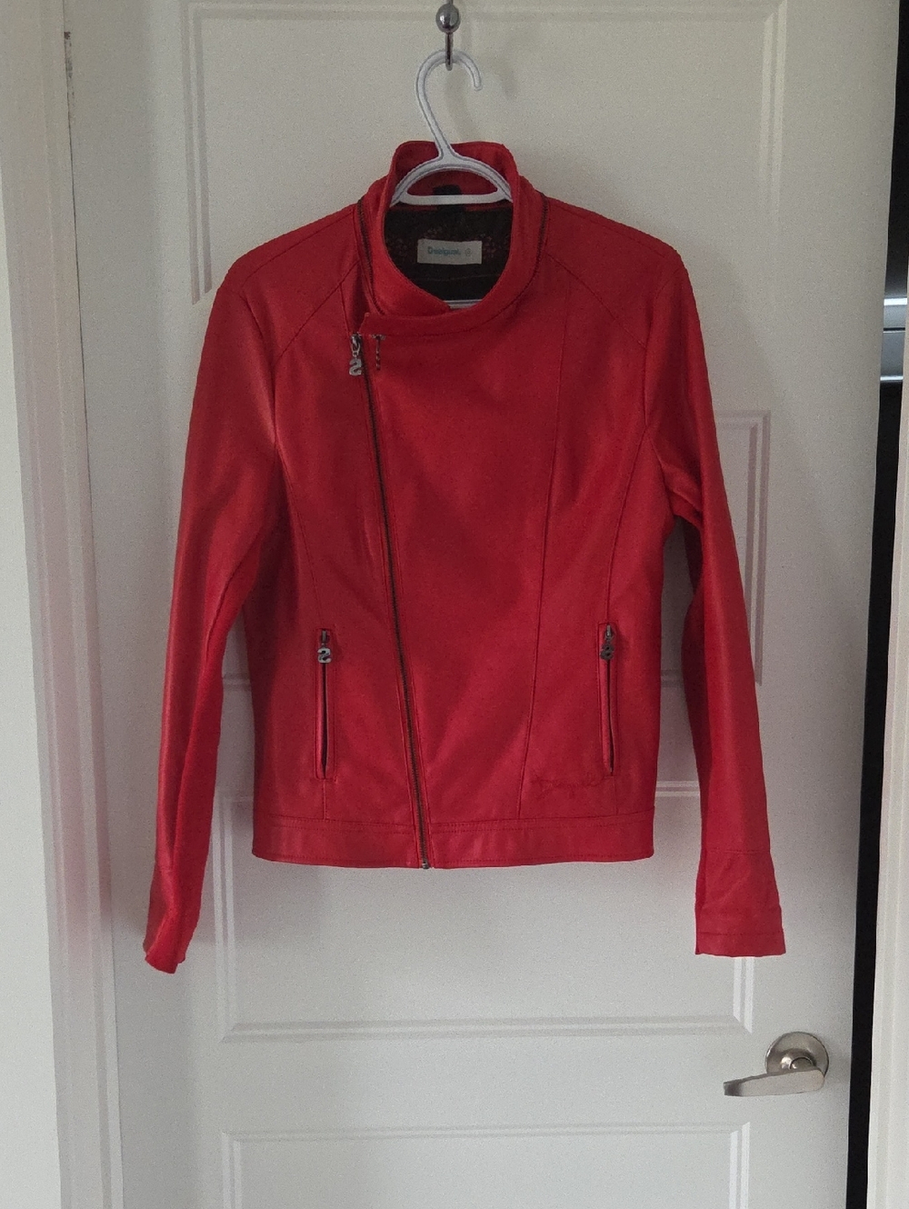 Desigual Red Asymmetrical Zip Faux Leather Jacket Size 42